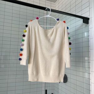 NWOT Anthropologie cream knit top w/ colorful pompom sleeves.